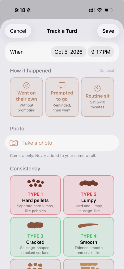 Track a Turd screen with time, how it happened, an optional camera-only photo, and Bristol stool type picker